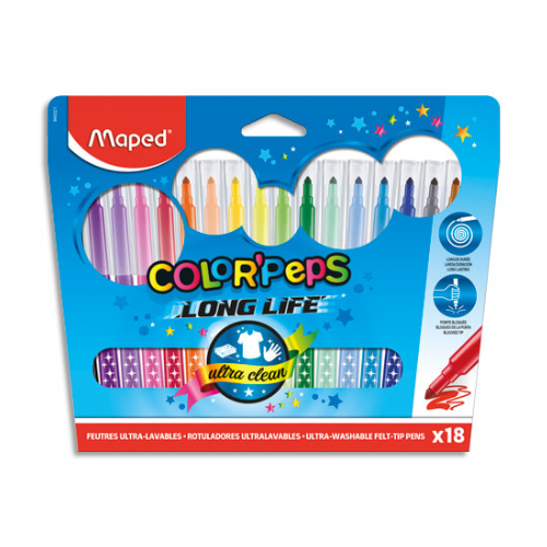 Lot de 18 feutres ultra lavables Color'Peps Long Life - MAPED - Drawin'Kids